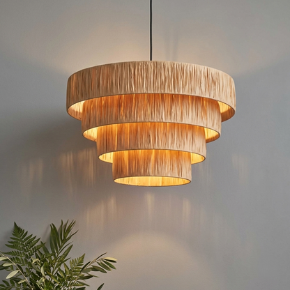 Handcrafted Multi-Tiered Natural Raffia Statement Pendant Light