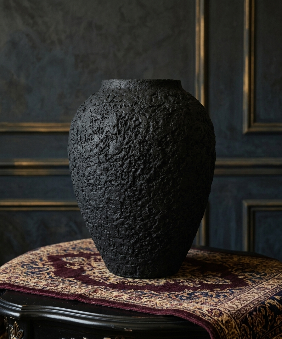 Handcrafted Luxury Matte Black Textured Statement Vase for Living Room & Home Decor