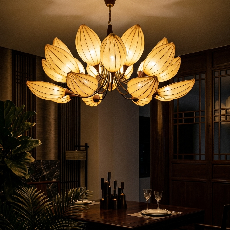 The Bloom Statement Pendant Sculptural White Fabric Lotus Ceiling Light in Satin Gold Finish