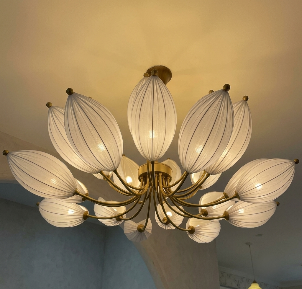 The Bloom Statement Pendant Sculptural White Fabric Lotus Ceiling Light in Satin Gold Finish