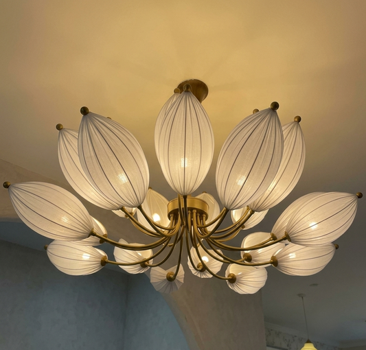 The Bloom Statement Pendant Sculptural White Fabric Lotus Ceiling Light in Satin Gold Finish