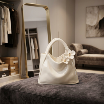 Handcrafted Handbag Flower Vase | Glossy Ivory Table Centerpiece