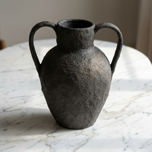 Charcoal Twin-Handle Sculptural Papier Mache Amphora Vase