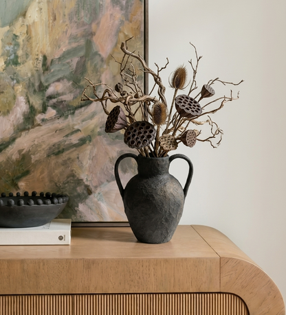 Charcoal Twin-Handle Sculptural Papier Mache Amphora Vase