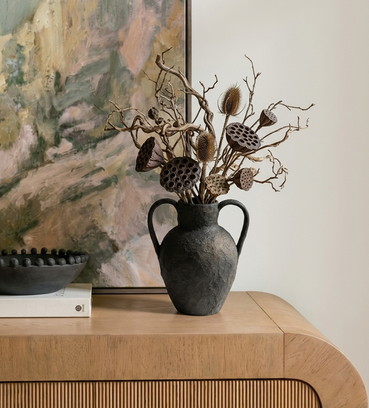Charcoal Twin-Handle Sculptural Papier Mache Amphora Vase