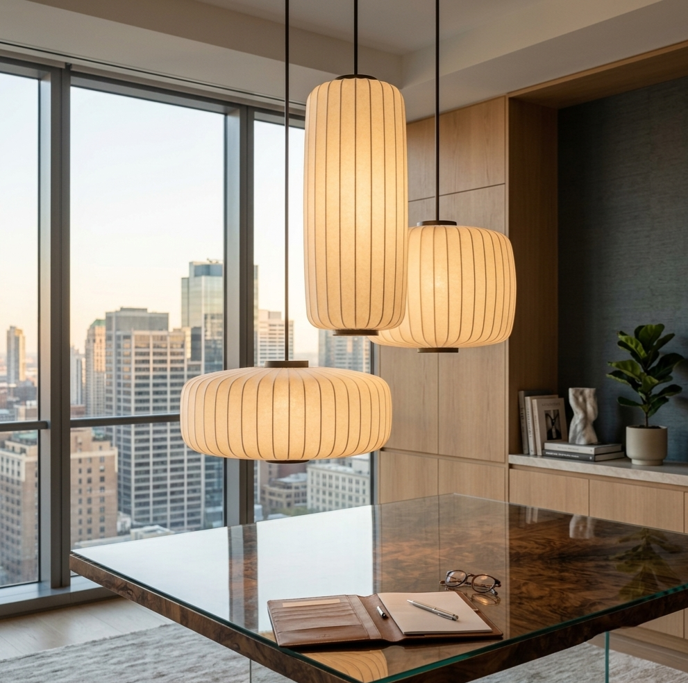 Set of 3 minimalist Ribbed Fabric Pendant Hanging Lamps
