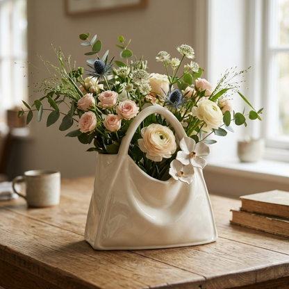 Handcrafted Handbag Flower Vase | Glossy Ivory Table Centerpiece