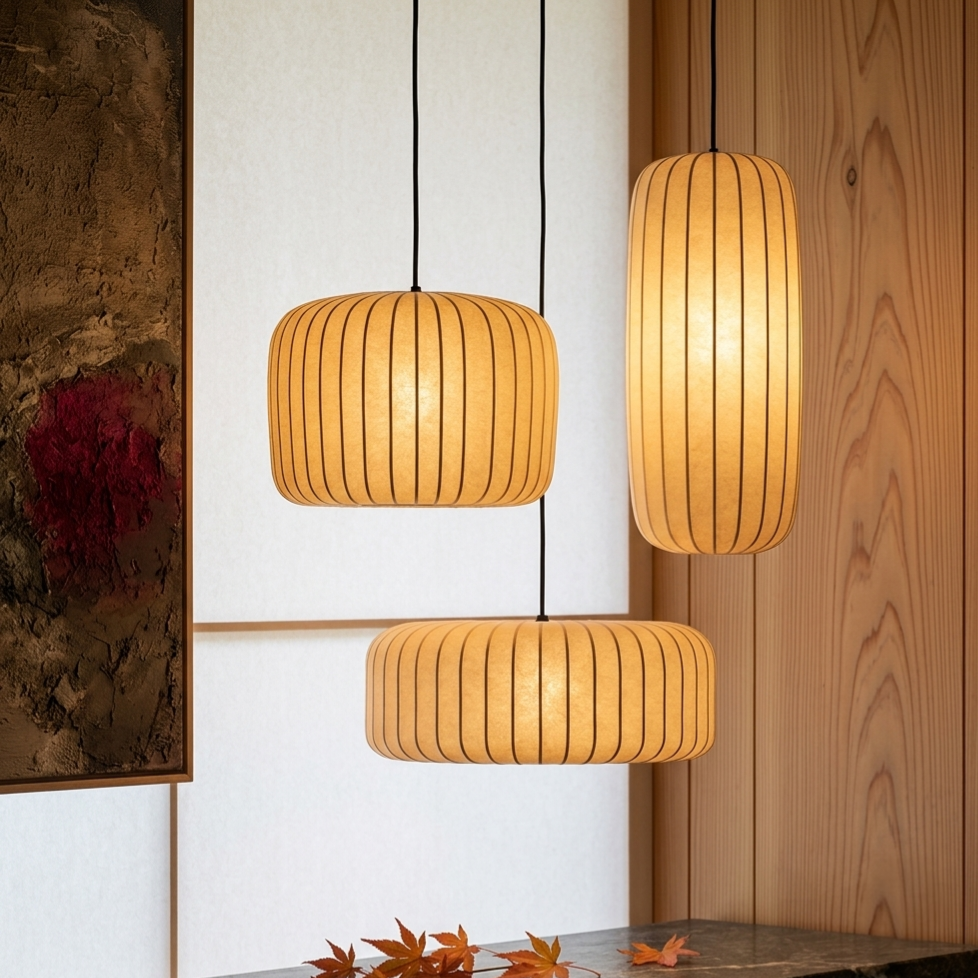 Set of 3 minimalist Ribbed Fabric Pendant Hanging Lamps