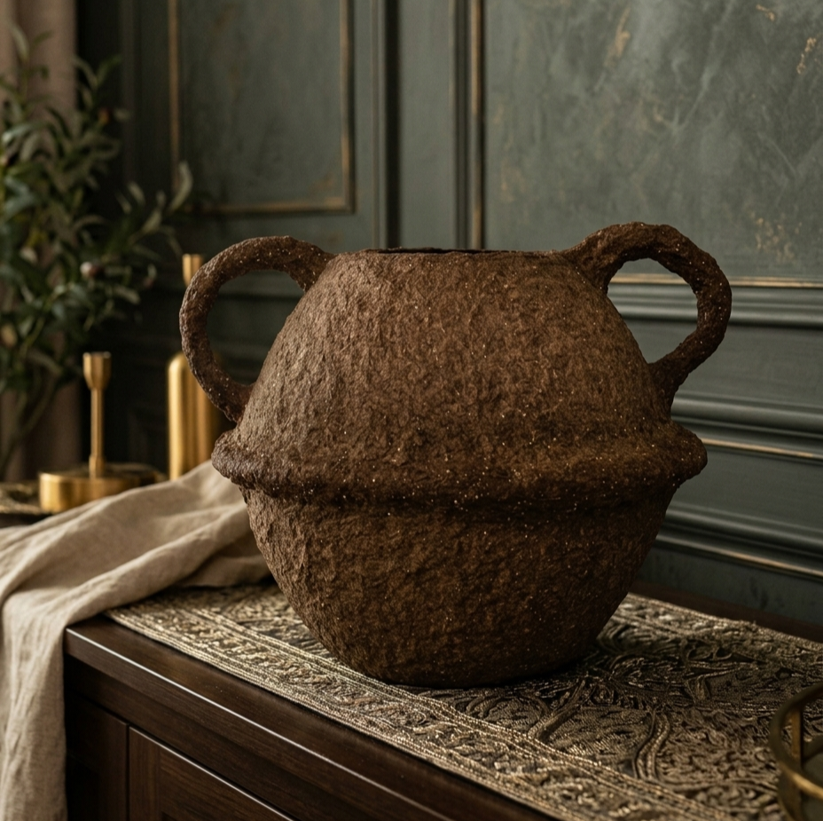 Rustic Amphora Sculptural Vase with Handles for Home Decor & Living Room Centerpiece