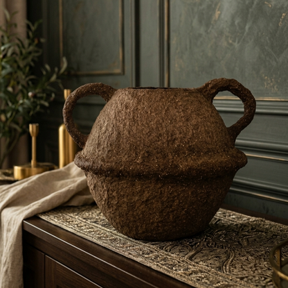 Rustic Amphora Sculptural Vase with Handles for Home Decor & Living Room Centerpiece
