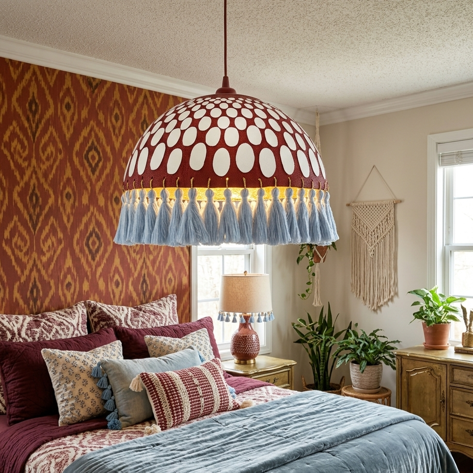 Artisanal Papier-Mache Dome Pendant Light with Silk Tassel Fringe